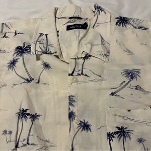 Mens Nautica 55% linen/45% rayon, XXL, SS shirt w/palm trees & sail boats